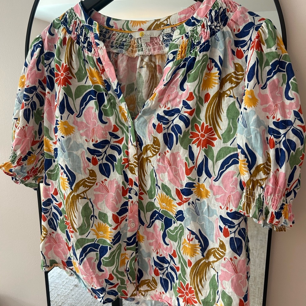 Boden Floral Bird Print Puff Sleeve Top